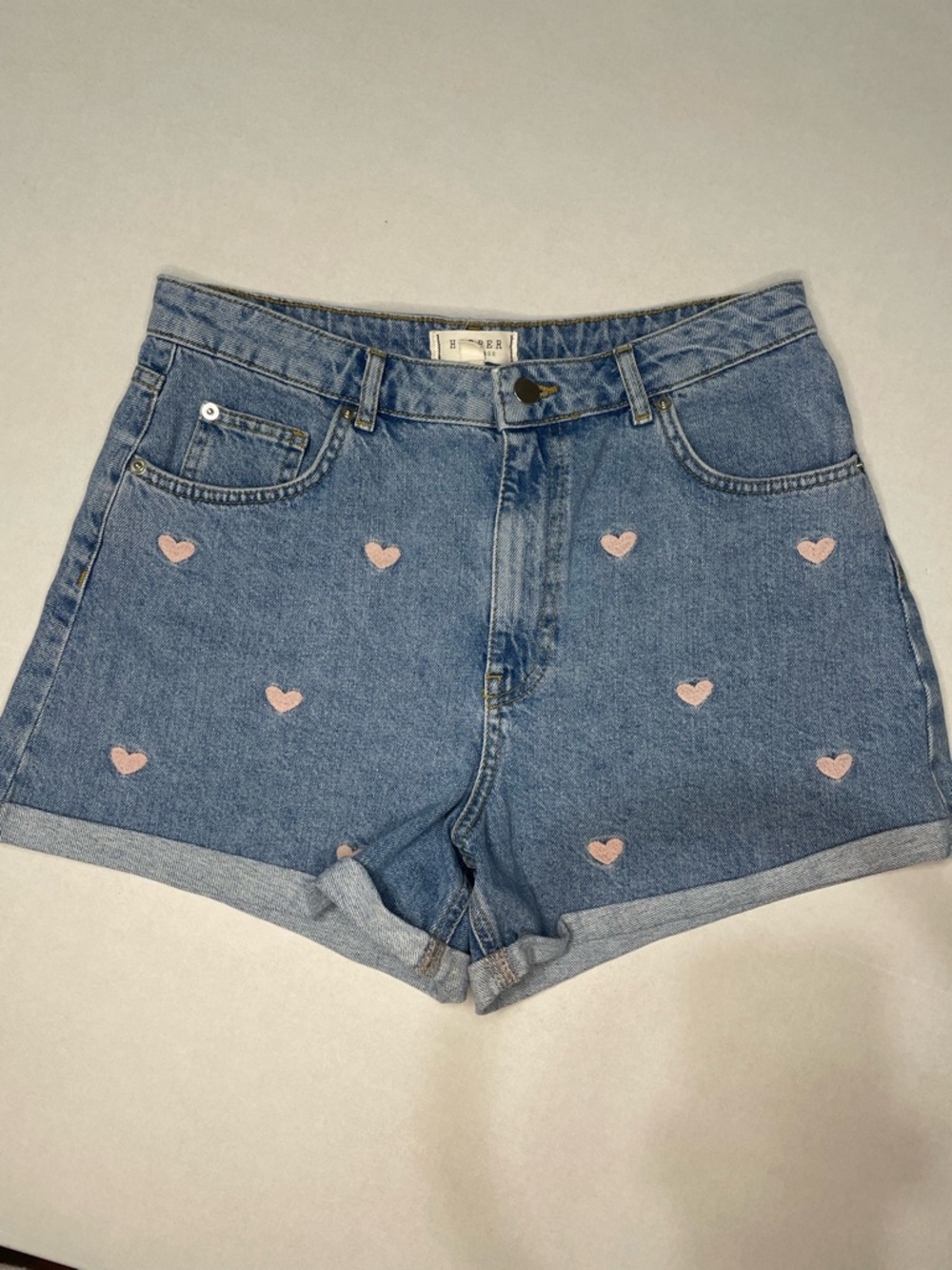 Harper Heritage Women’s Denim Shorts with Pink Heart Embroidery - sz 29